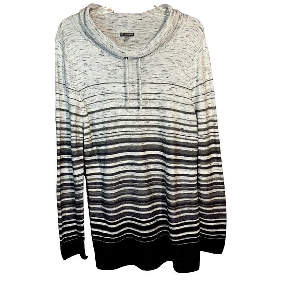 T by Talbots Gray Stripe Knit Cowl Neck Tunic M Soft Cozy Neutral Minimalist - Picture 1 of 6